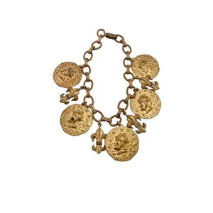 Vintage Roman Style Hammered Brass and Fleur De Lis Charm Bracelet (A249)